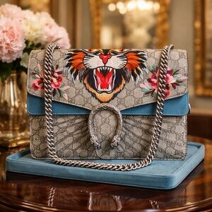Gucci Gray and Blue Embroidered Tiger Shoulder Bag